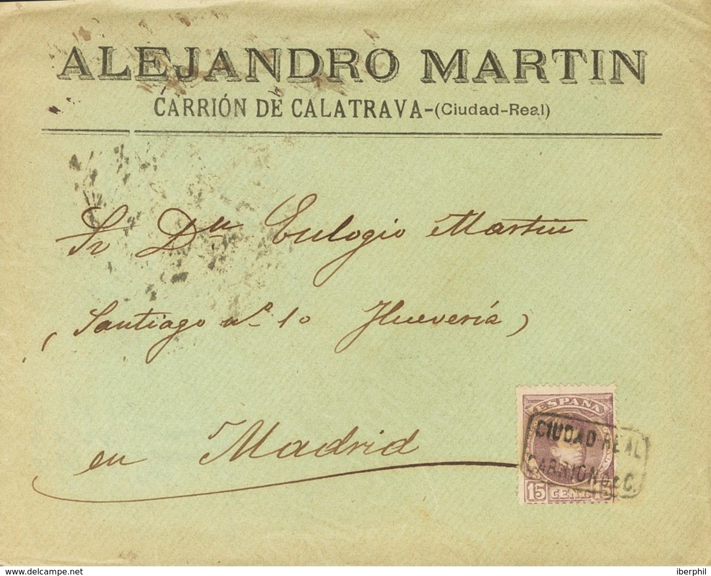 Sobre 245. 1904. 15 Cts Castaño Lila. CARRION DE CALATRAVA A MADRID. Matasello Cartería CIUDAD-REAL / CARRION DE C. MAGN - Otros & Sin Clasificación