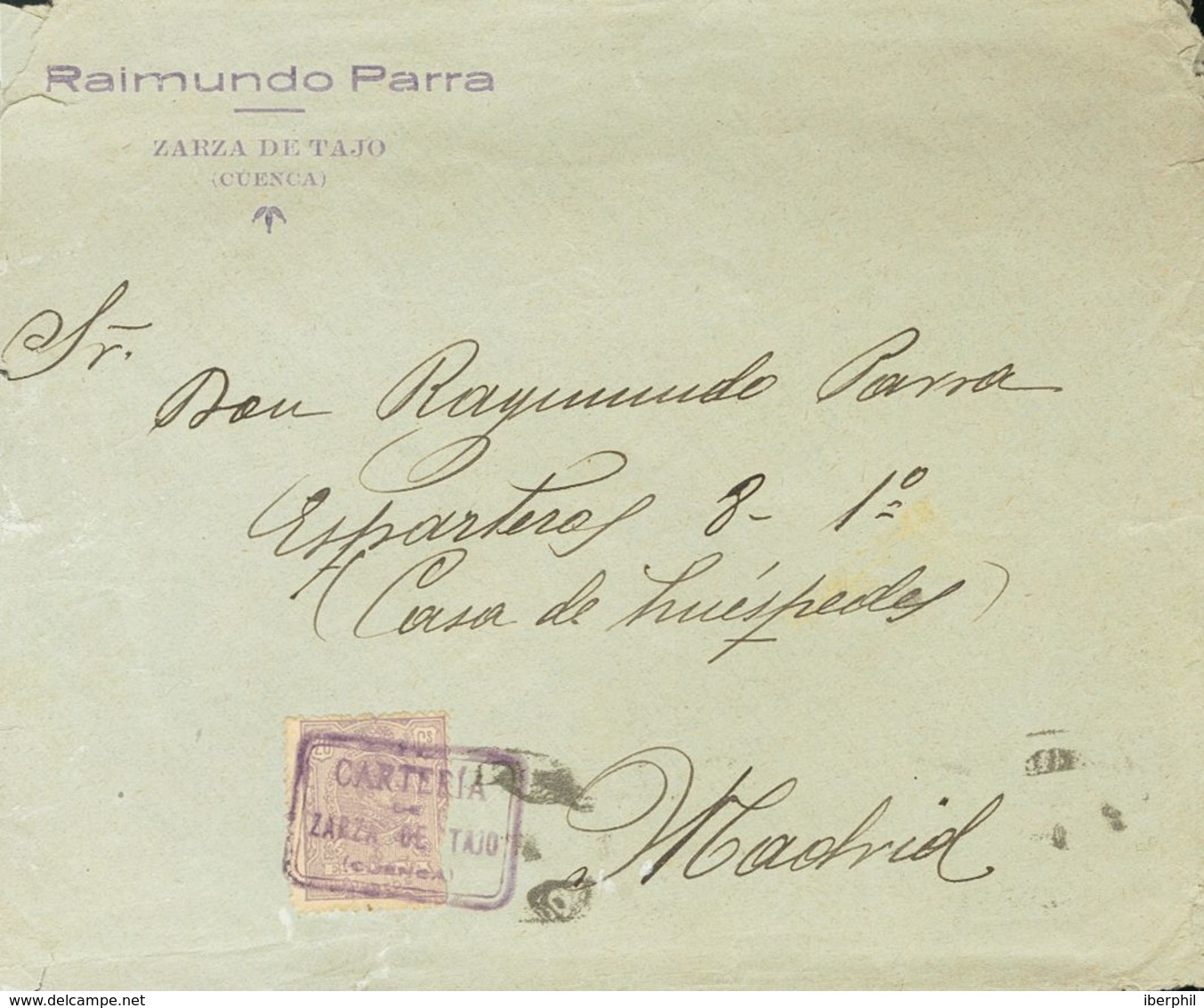 Sobre 290. 1921. 20 Cts Violeta (pequeño Defecto). ZARZA DE TAJO A MADRID. Matasello Especial CARTERIA / DE / ZARZA DE T - Other & Unclassified