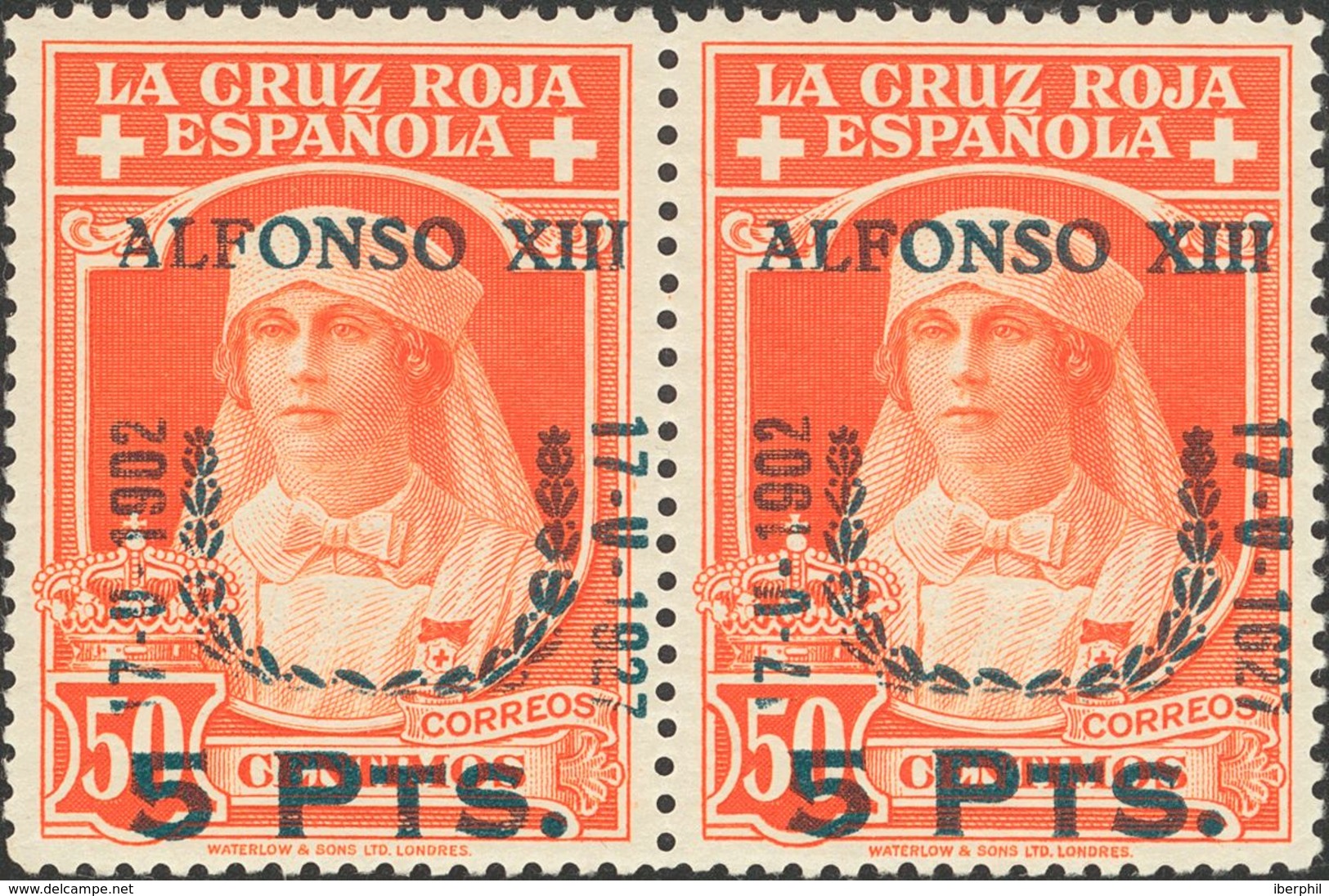 **385, 385t. 1927. 5 Pts Sobre 50 Cts Naranja, Pareja. Un Sello Variedad "1627" EN LUGAR DE "1927". MAGNIFICA. Edifil 20 - Otros & Sin Clasificación