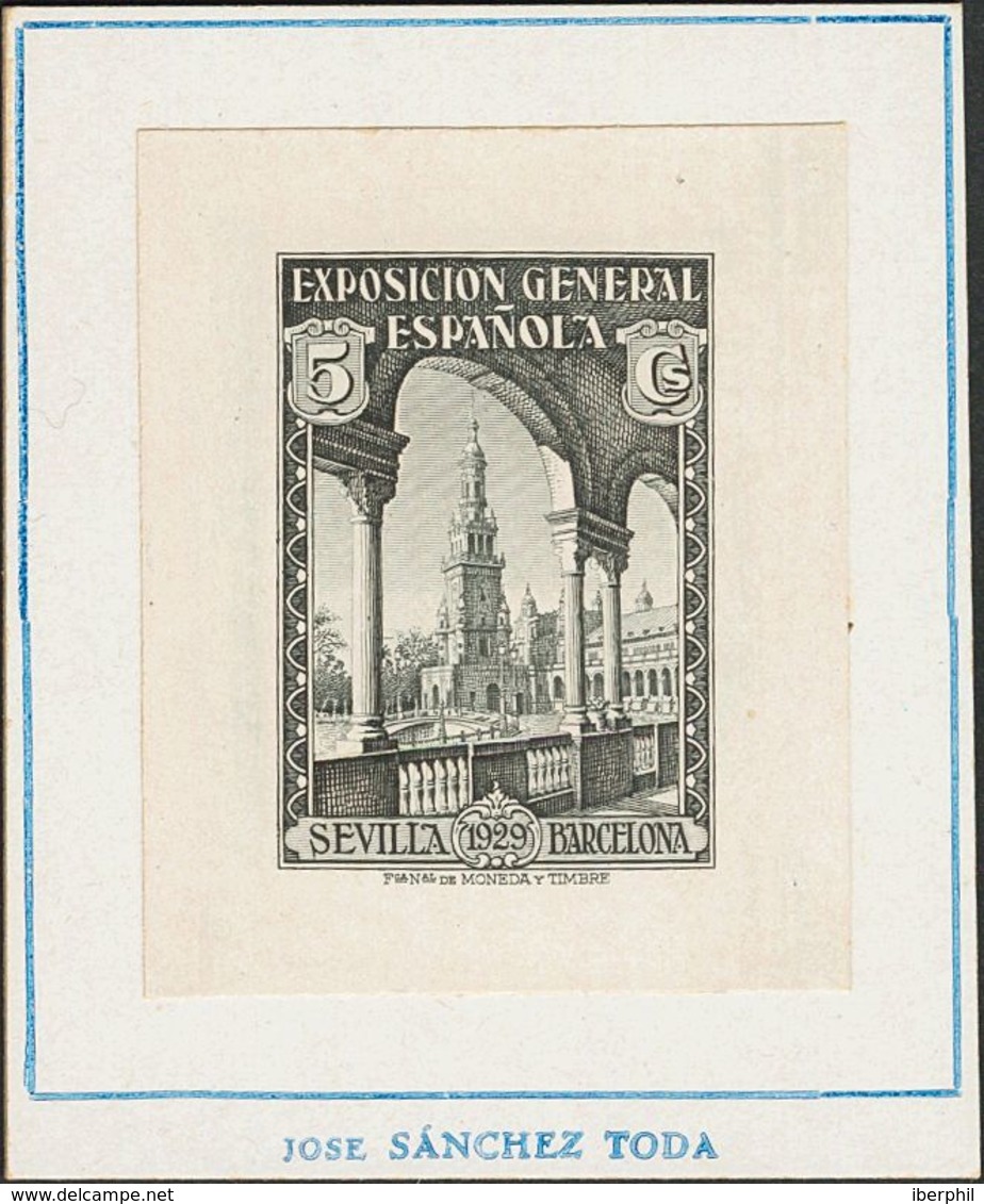 (*)436P. 1929. 5 Cts Negro. PRUEBA DE PUNZON, Adherida Sobre Cartulina Con Leyenda JOSE SANCHEZ TODA. MAGNIFICA Y RARISI - Otros & Sin Clasificación