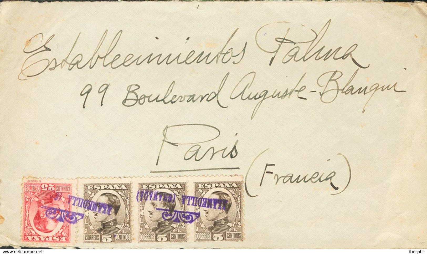 Sobre 491(3), 495. 1931. 5 Cts Castaño Negro, Tres Sellos Y 25 Cts Carmín. ALAMEDILLA A PARIS (FRANCIA). Matasello Carte - Otros & Sin Clasificación