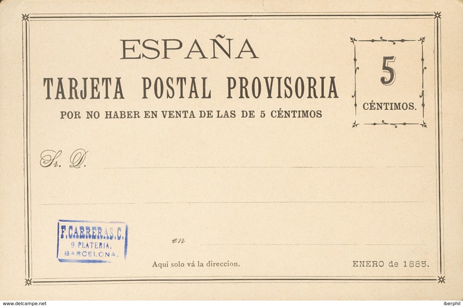 (*)EPCC2. 1885. 5 Cts Negro. TARJETA POSTAL PROVISORIA DE CARRERAS CANDI (con Marquilla En Violeta). MAGNIFICA. - Otros & Sin Clasificación