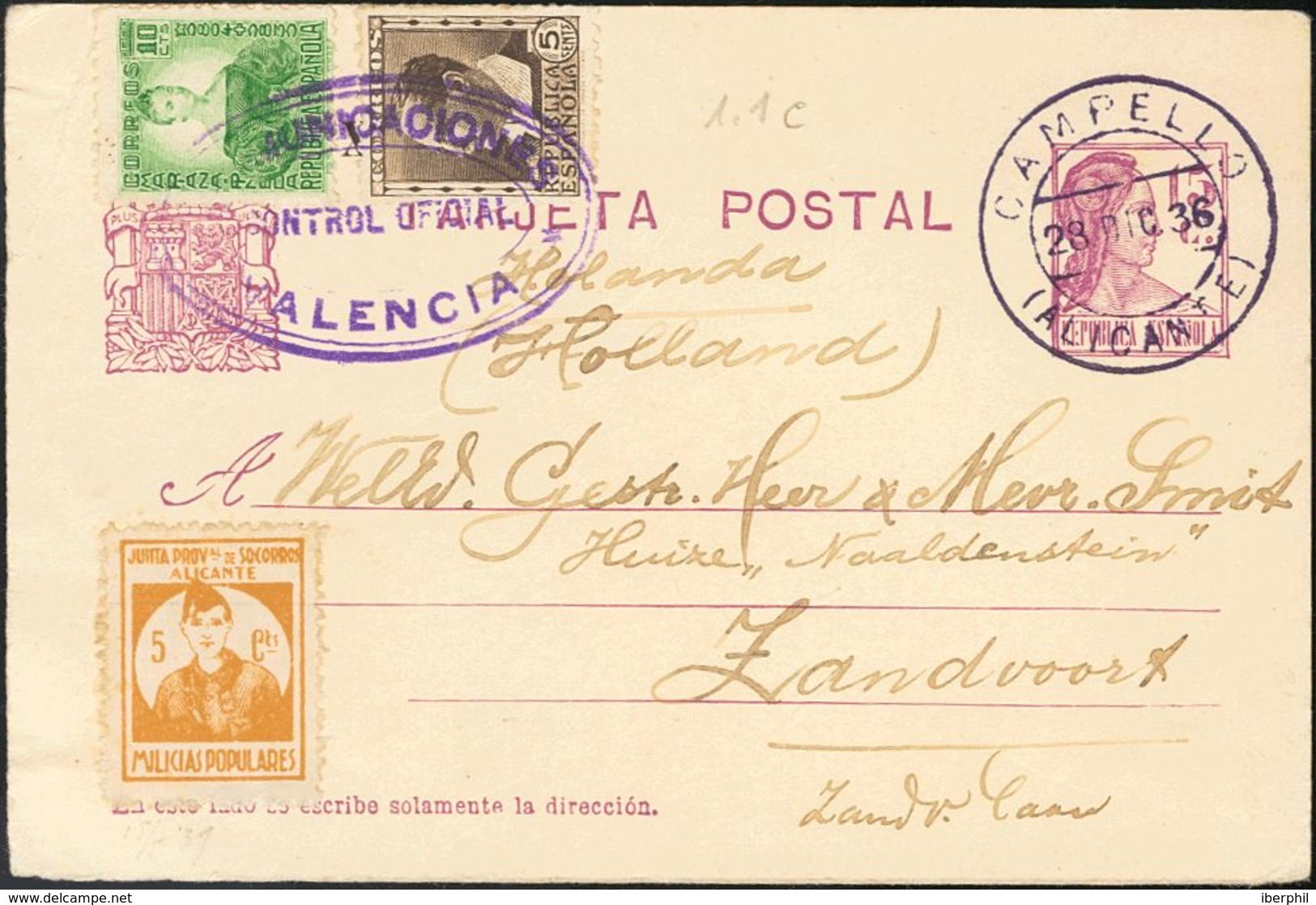 Sobre EP69, 681, 682. 1936. 15 Cts Lila Sobre Tarjeta Entero Postal De EL CAMPELLO (ALICANTE) A ZANDVOORT (HOLANDA), Con - Otros & Sin Clasificación