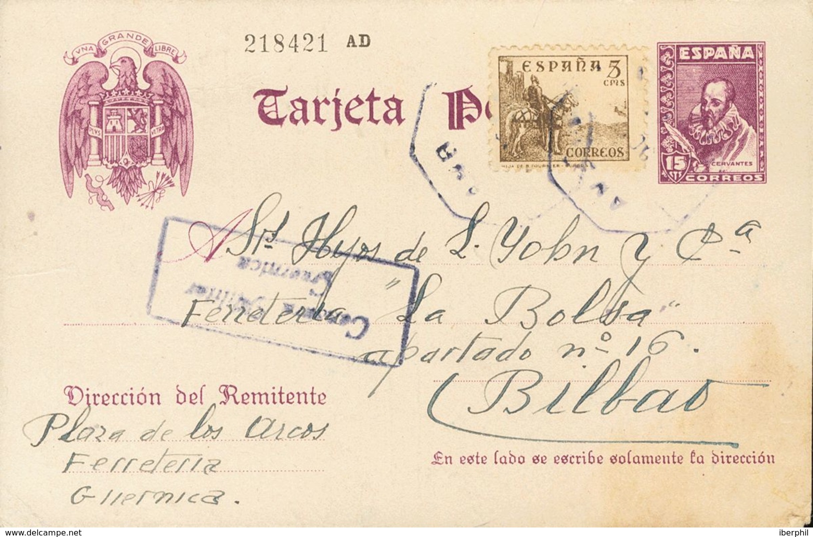 Sobre EP82. 1939. 15 Cts Violeta Sobre Tarjeta Entero Postal De GUERNICA A BILBAO, Con Franqueo Complementario De 5 Cts. - Other & Unclassified