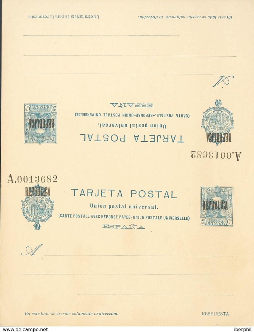 (*)EPB8. 1931. 25 Cts + 25 Cts Azul Sobre Tarjeta Entero Postal De Ida Y Vuelta (sin Doblar). Sobrecarga REPUBLICA, De B - Sonstige & Ohne Zuordnung