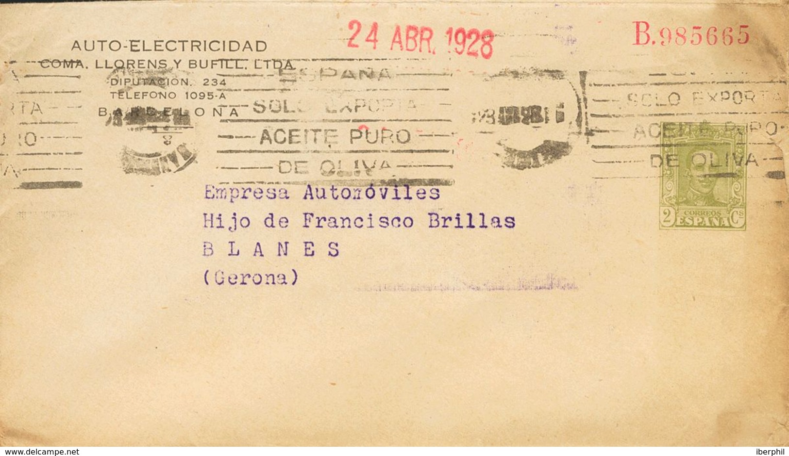 Sobre EP607. 1928. 2 Cts Verde Oliva Sobre Entero Postal Privado AUTO ELECTRICIDAD De BARCELONA A BLANES. MAGNIFICO. (Lá - Other & Unclassified