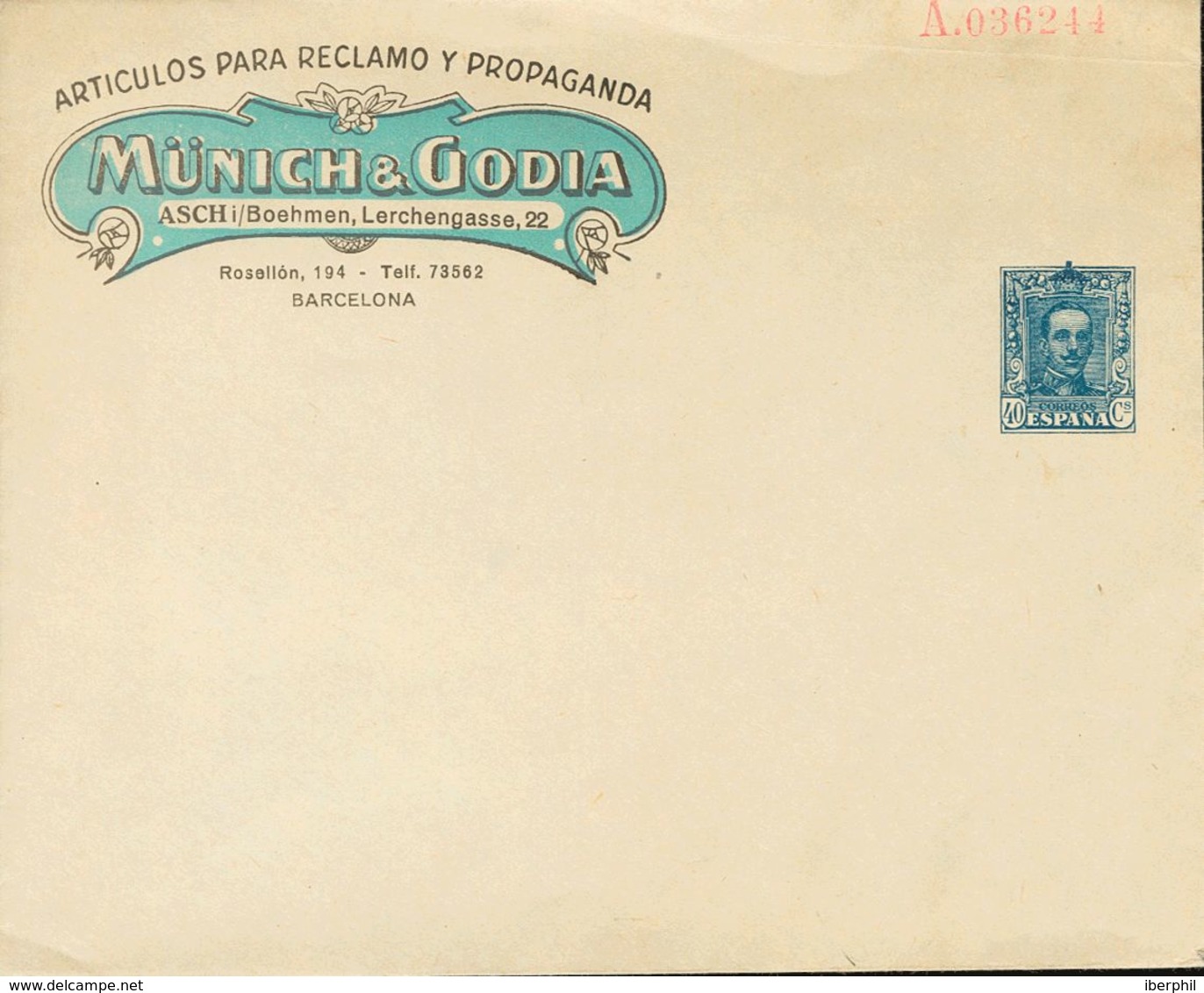 Sobre EP794. 1925. 40 Cts Azul Sobre Entero Postal Privado (sin Usar) MUNICH AND GODIA (Teléfono 73562). MAGNIFICO. (Lái - Other & Unclassified