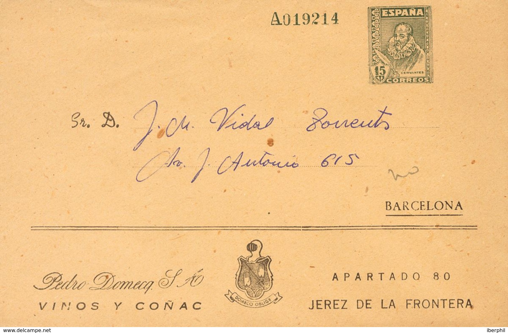 Sobre EP1431. (1941ca). 15 Cts Verde Gris Sobre Entero Postal Privado PEDRO DOMECQ (Barcelona En Papel Crema) De JEREZ A - Otros & Sin Clasificación