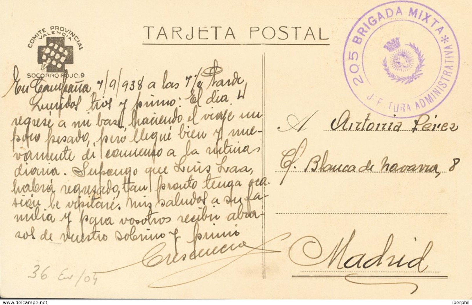 Sobre . 1938. Tarjeta Postal Del S.R.I. (Angel Pestaña) Dirigida Desde "el Frente" A MADRID. Marca De Franquicia 205 BRI - Other & Unclassified