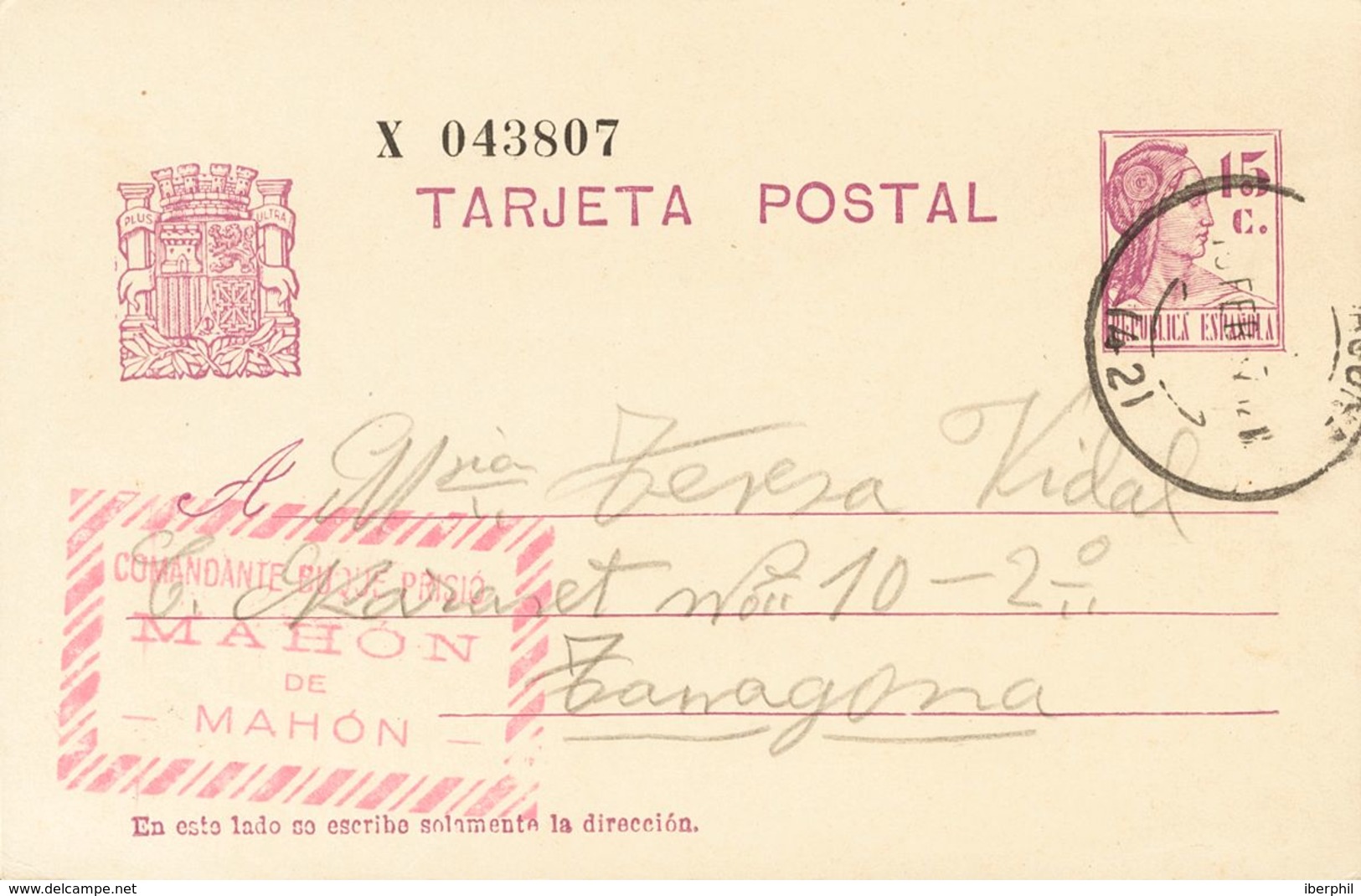 Sobre EP69. 1937. 15 Cts Rosa Sobre Tarjeta Entero Postal De MAHON A TARRAGONA. En El Frente Marca COMANDANTE BUQUE PRIS - Otros & Sin Clasificación