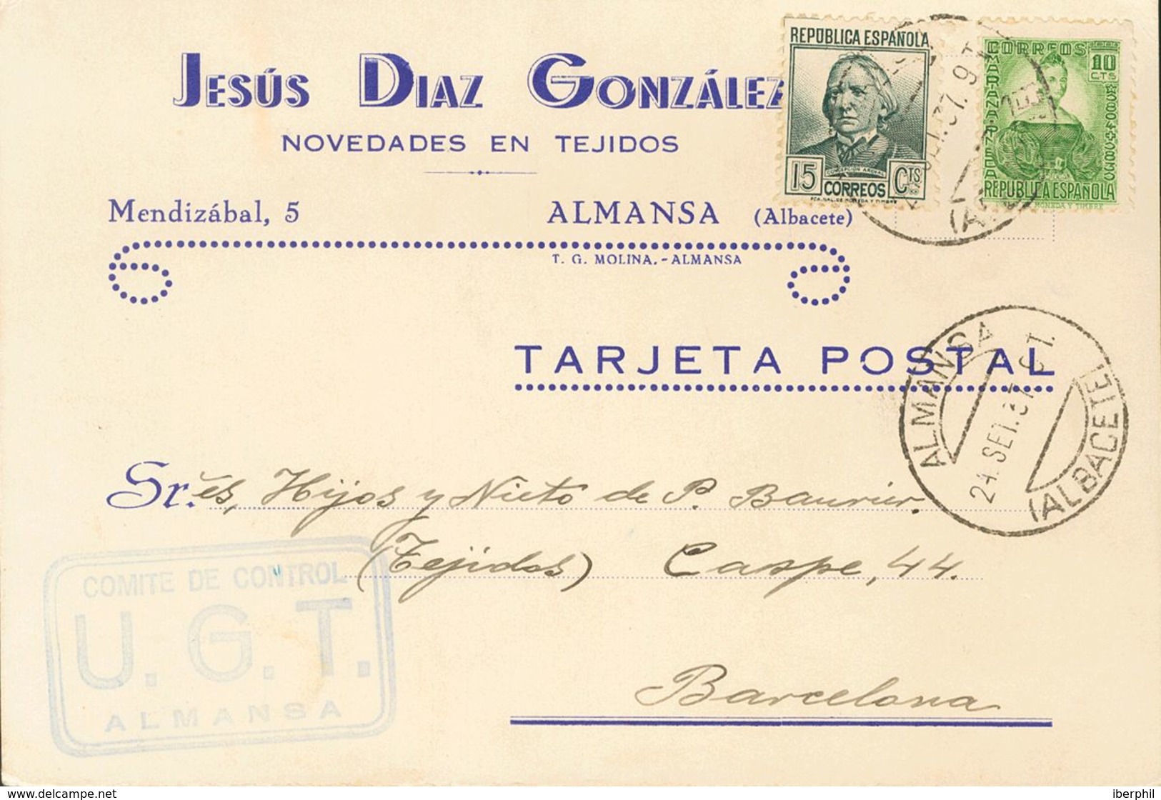 Sobre 682, 683. 1937. 10 Cts Verde Y 15 Cts Verde Gris. Tarjeta Postal De ALMANSA (ALBACETE) A BARCELONA. En El Frente M - Autres & Non Classés