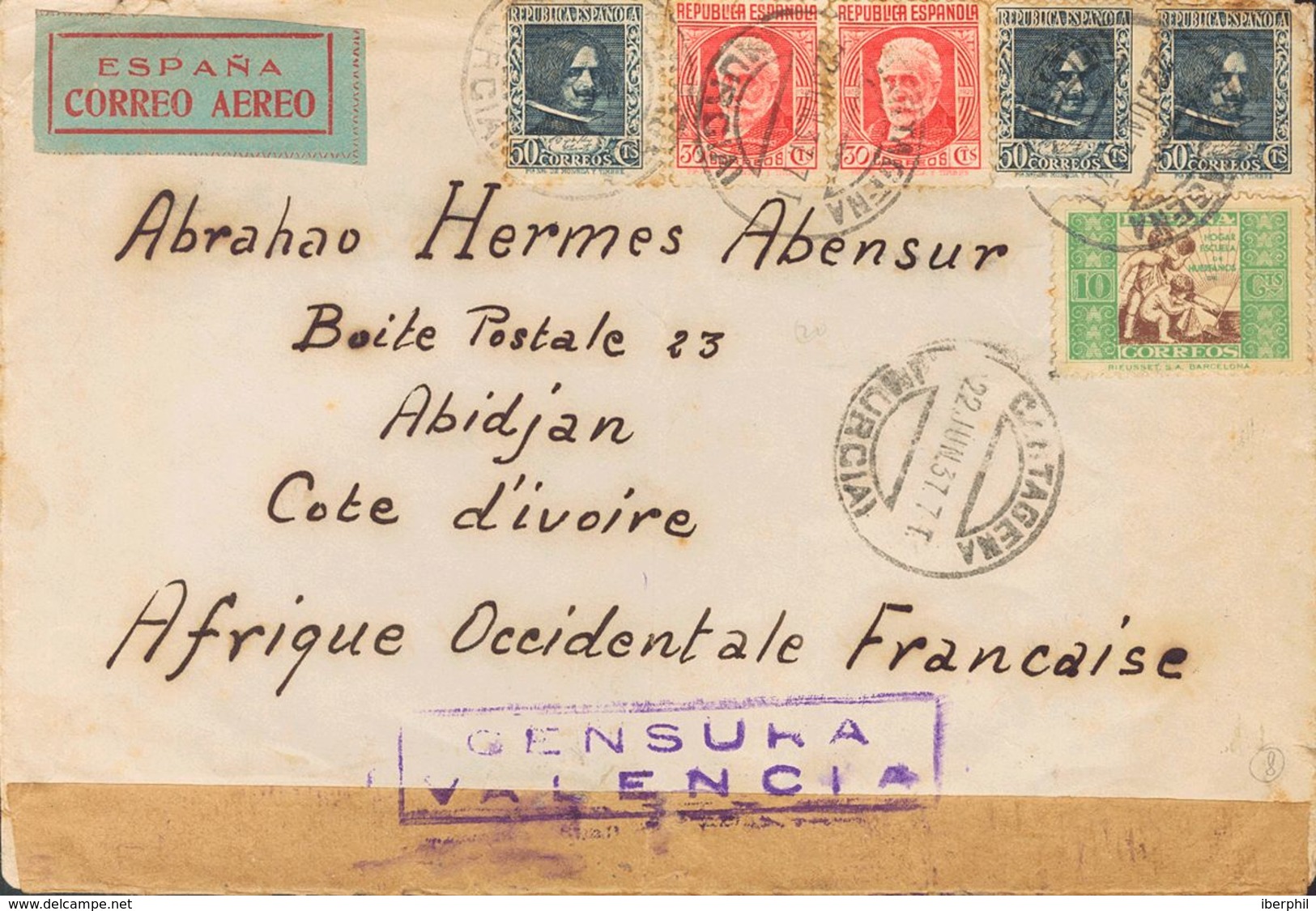 Sobre 734(2), 738(3). 1937. 30 Cts Rojo, Dos Sellos, 50 Cts Azul, Tres Sellos Y 10 Cts De Beneficencia. CARTAGENA A ABID - Otros & Sin Clasificación