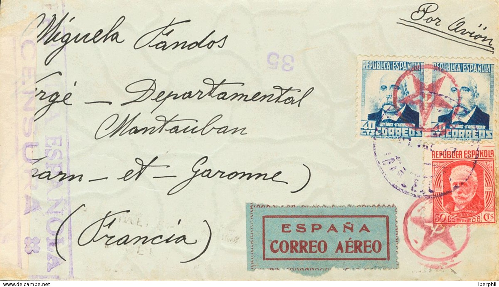 Sobre 734, 670(2). 1937. 30 Cts Rojo Y 40 Cts Azul, Dos Sellos. Dirigida A MONTAUBAN (FRANCIA). Matasello Fechador Azul. - Otros & Sin Clasificación