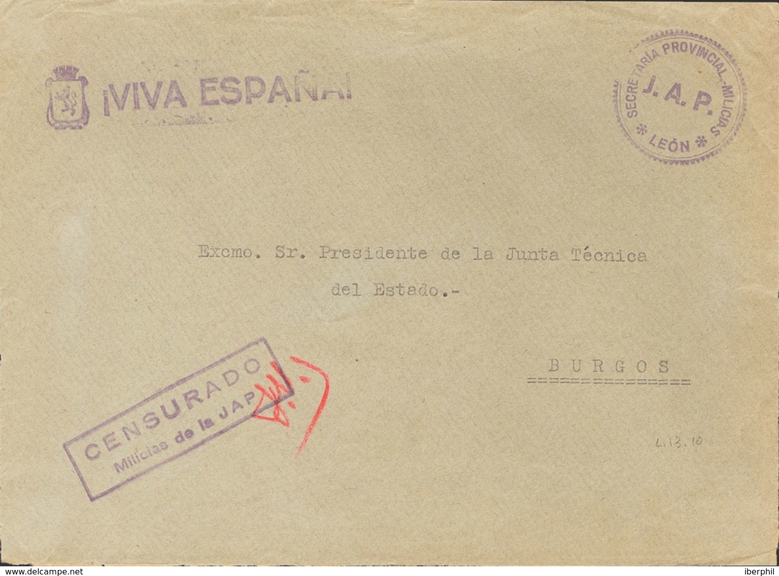 Sobre . (1939ca). Frontal De LEON A BURGOS. Marca De Franquicia SECRETARIA PROVINCIAL MILICIAS / J.A.P. / LEON, En Viole - Other & Unclassified