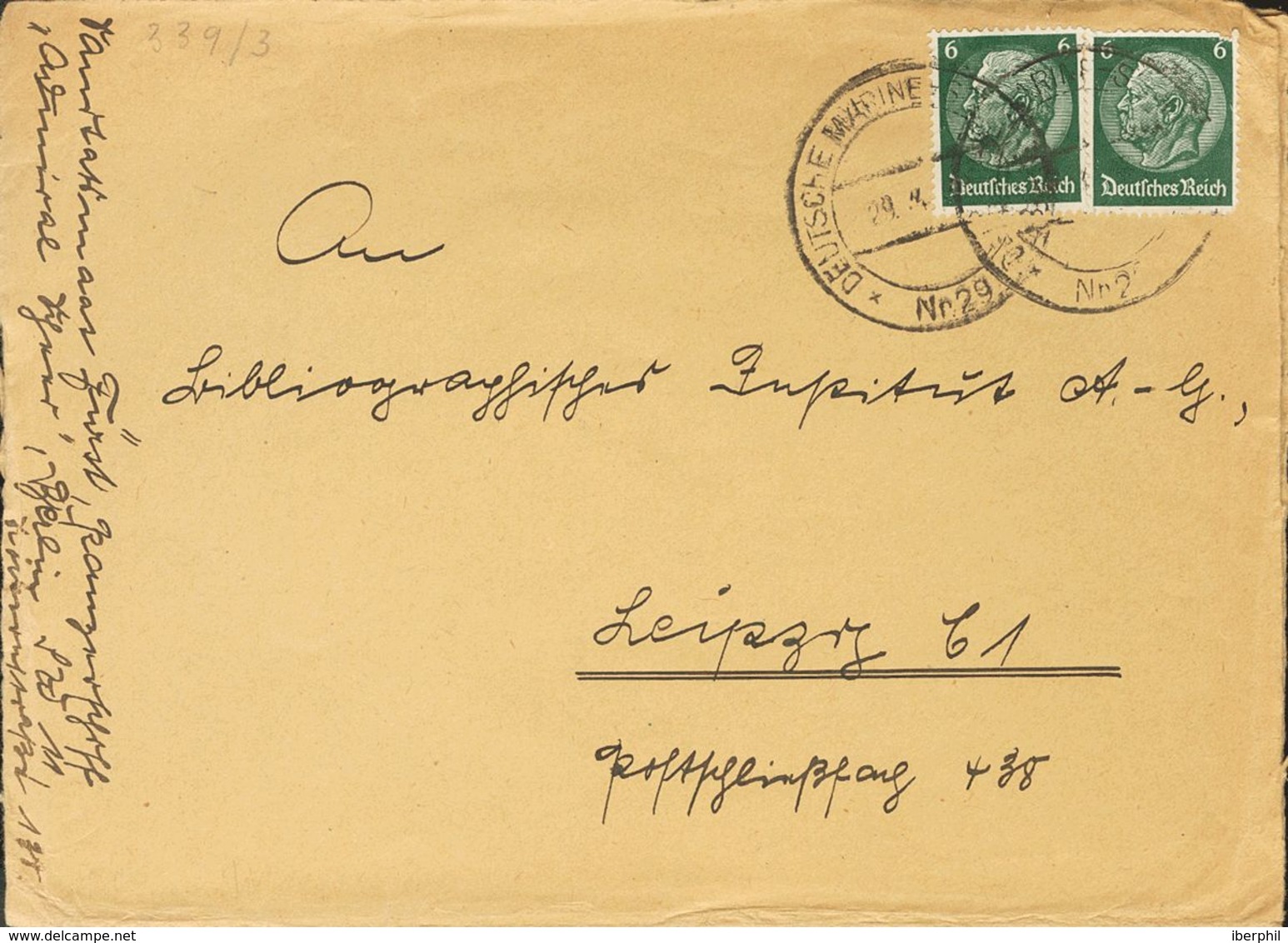 Sobre . 1938. 6 P Verde De Alemania, Dos Sellos. Remitida Desde El Acorazado Admiral Scheer Y Dirigida A LEIPZIG (ALEMAN - Other & Unclassified