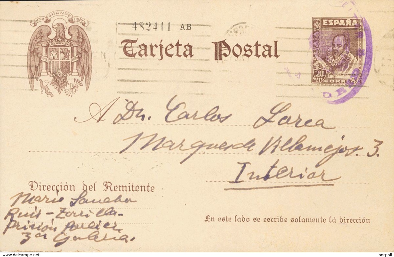 Sobre EP83. 1939. 20 Cts Castaño Sobre Tarjeta Entero Postal Del Correo Interior De MADRID, Escrita Por Mario Sancho Rui - Other & Unclassified