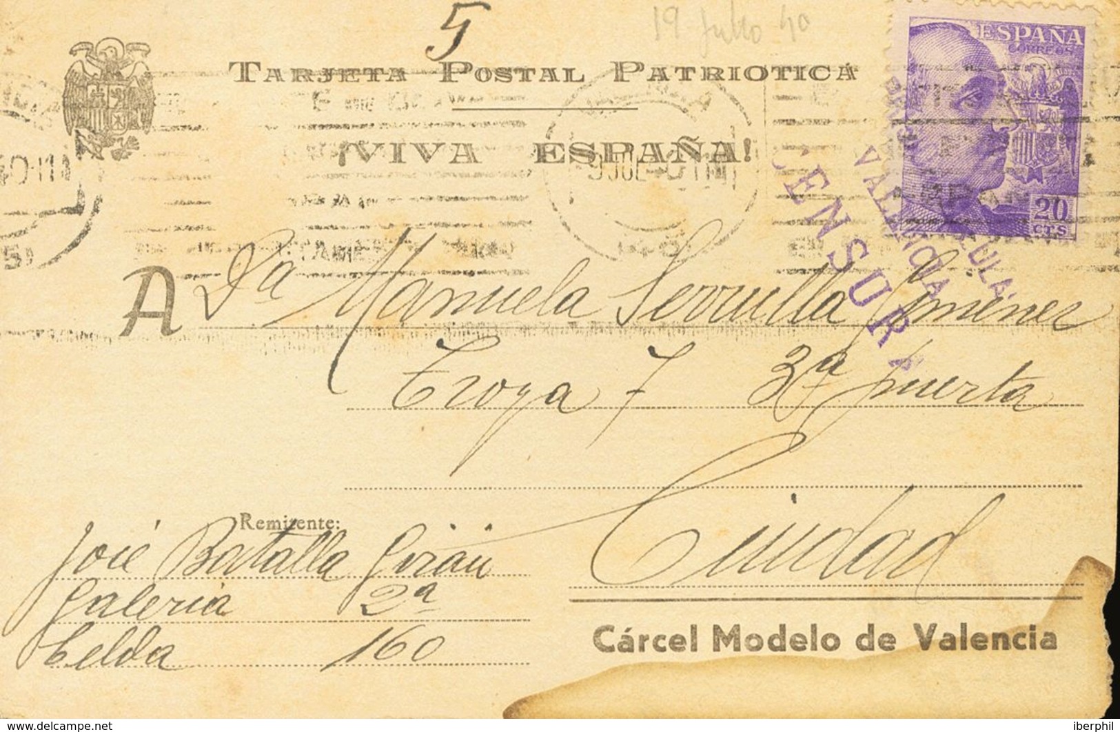 Sobre 922. 1940. 20 Cts Violeta. Tarjeta Postal Con El Membrete CARCEL MODELO DE VALENCIA Del Correo Interior De Valenci - Otros & Sin Clasificación