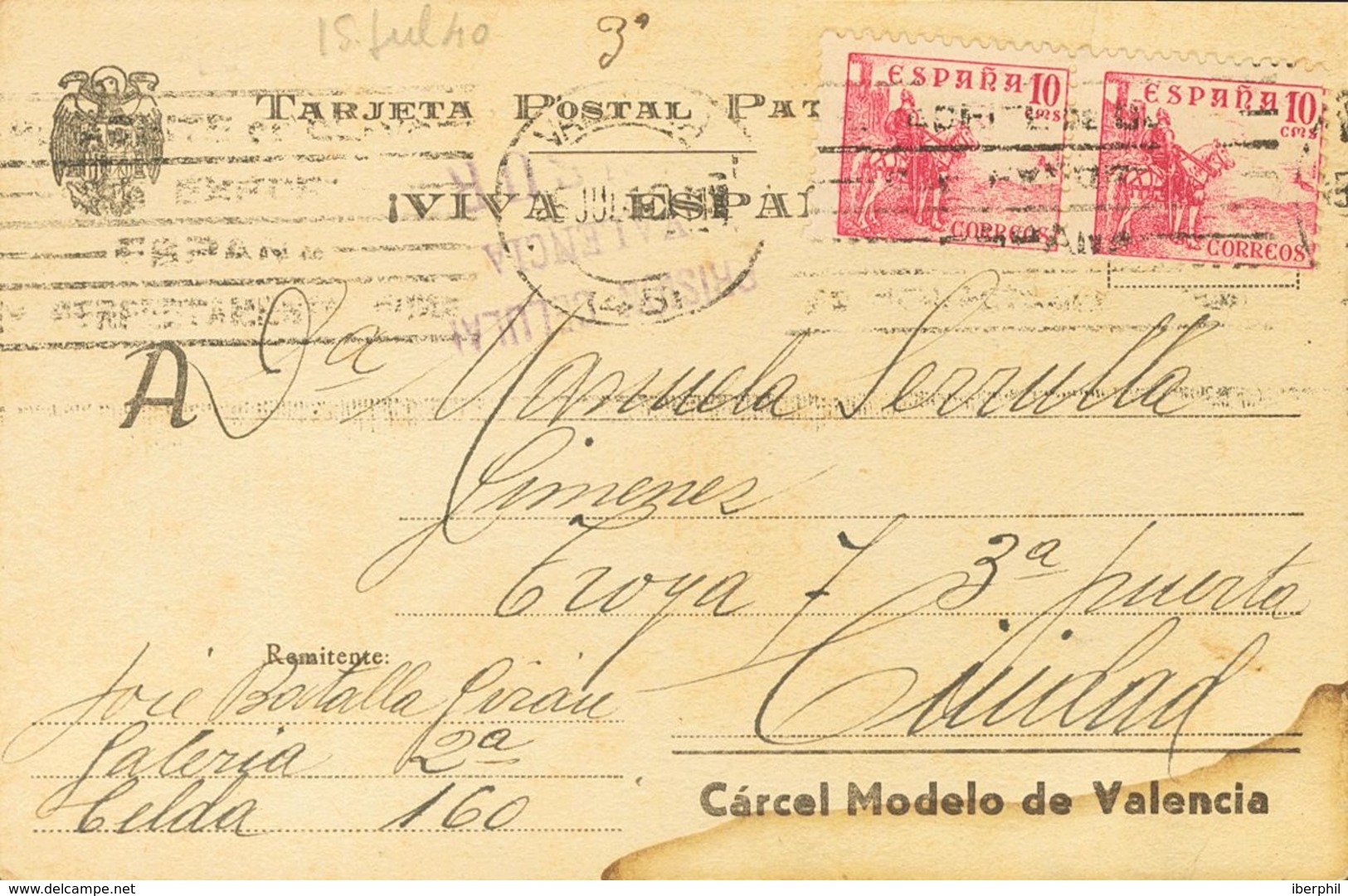 Sobre 917(2). 1940. 10 Cts Rosa, Dos Sellos. Tarjeta Postal Con El Membrete CARCEL MODELO DE VALENCIA Del Correo Interio - Other & Unclassified