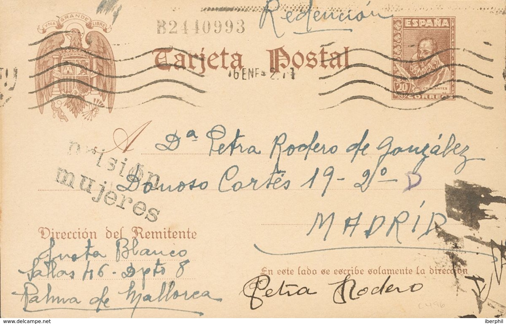 Sobre EP86. 1942. 20 Cts Castaño Sobre Tarjeta Entero Postal De PALMA DE MALLORCA A MADRID. En El Frente Marca PRISION / - Other & Unclassified