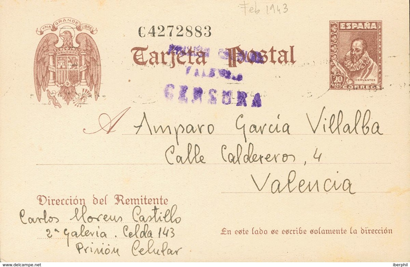 Sobre EP86. 1943. 20 Cts Castaño Sobre Tarjeta Entero Postal Correo Interior De VALENCIA, Escrita Por Un Preso Internado - Other & Unclassified