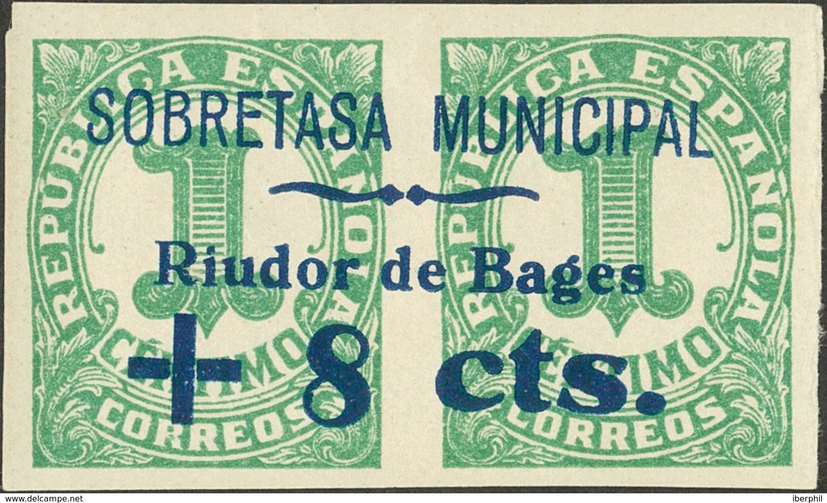 *. 1937. + 8 Cts Sobre 1 Cts Verde. RIUDOR DE BAGES (BARCELONA). MAGNIFICO Y RARO. (Fesofi 1 Y Allepuz 1) - Other & Unclassified