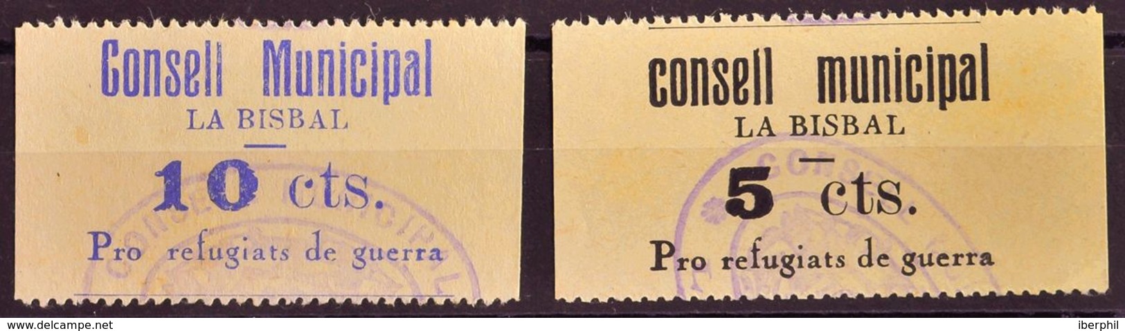 º. 1937. 10 Cts Azul Y 5 Cts Negro ("C" Minúscula). LA BISBAL (GERONA). PRO REFUGIATS DE GUERRA. MAGNIFICOS Y RAROS. (Fe - Otros & Sin Clasificación