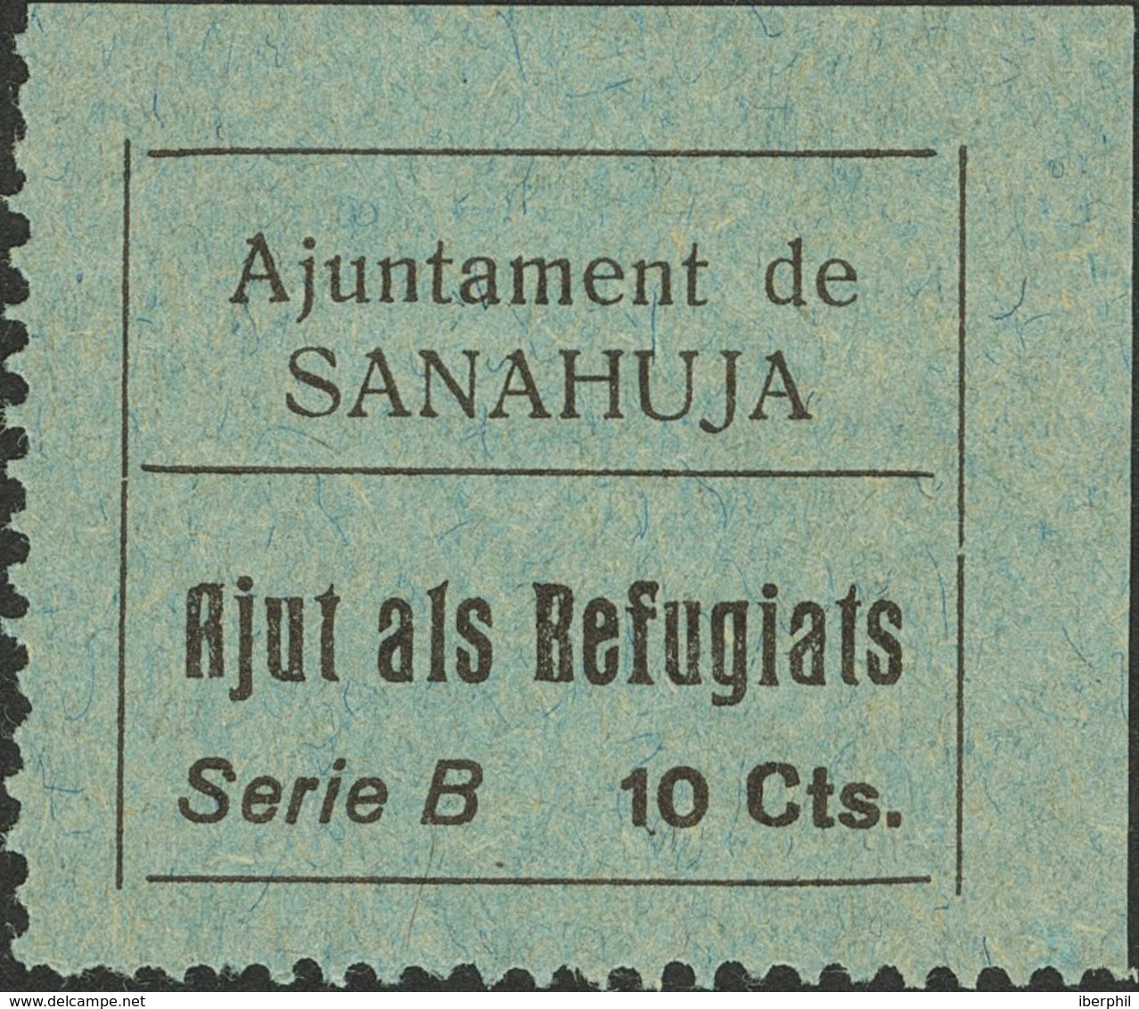 (*). 1937. 10 Cts Negro Sobre Azul. SANAHUJA (LERIDA). AJUT ALS REFUGIATS. MAGNIFICO Y MUY RARO. (Fesofi 1 Y Allepuz 1) - Otros & Sin Clasificación