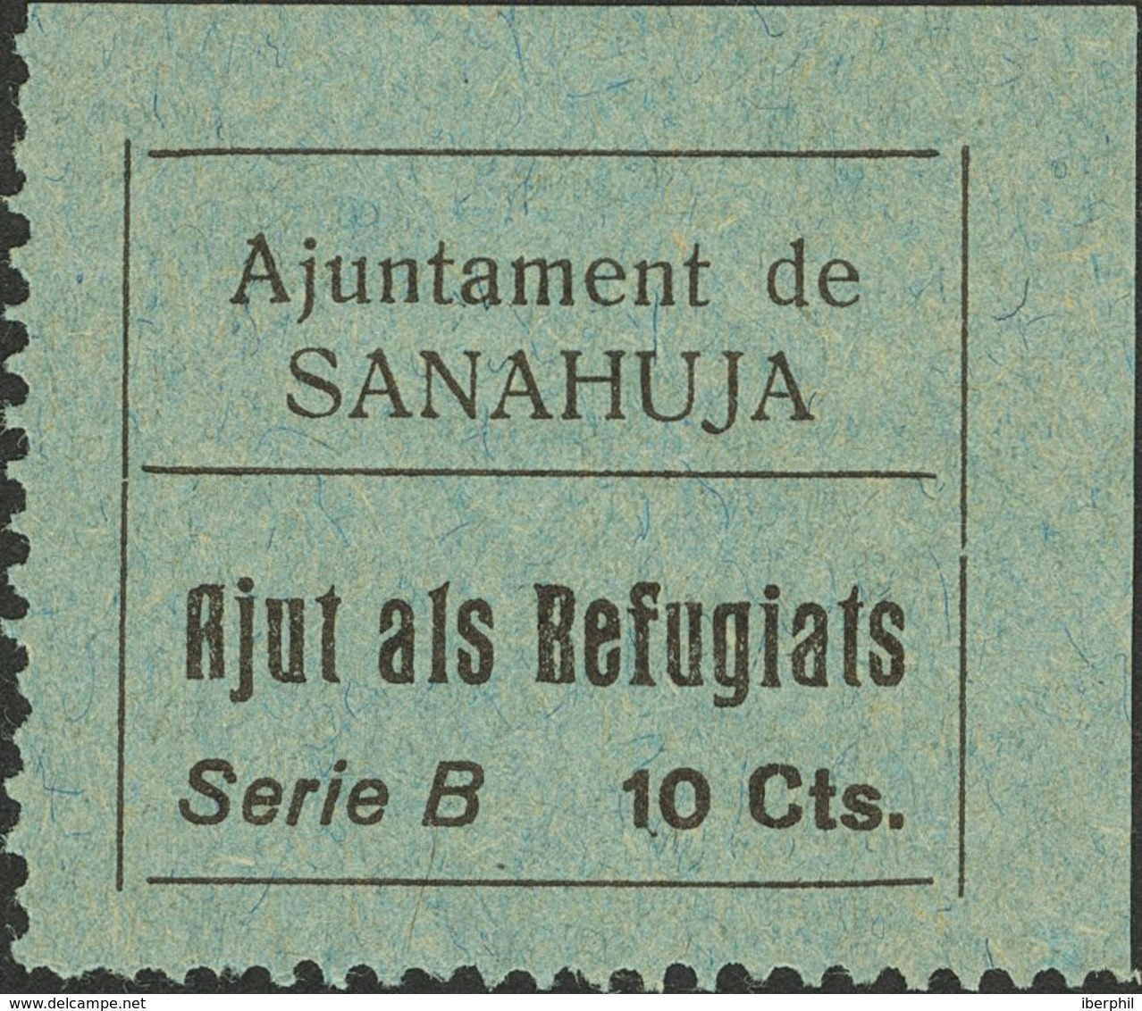 (*). 1937. 10 Cts Negro Sobre Azul. SANAHUJA (LERIDA). AJUT ALS REFUGIATS. MAGNIFICO Y MUY RARO. (Fesofi 1 Y Allepuz 1) - Other & Unclassified