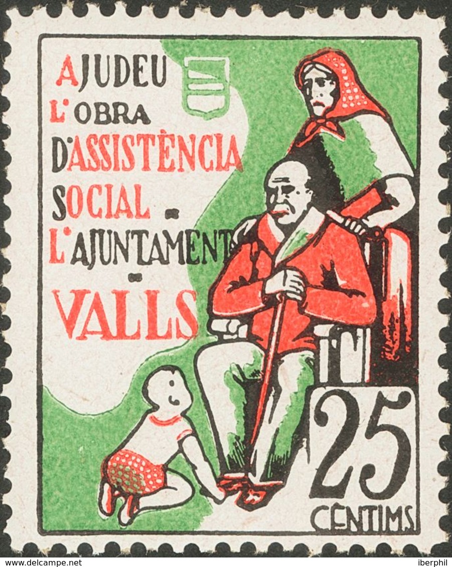 *. 1937. 25 Cts Negro, Verde Y Rojo. VALLS (TARRAGONA). ASSISTENCIA SOCIAL. MAGNIFICO Y RARO. (Allepuz 3) - Otros & Sin Clasificación