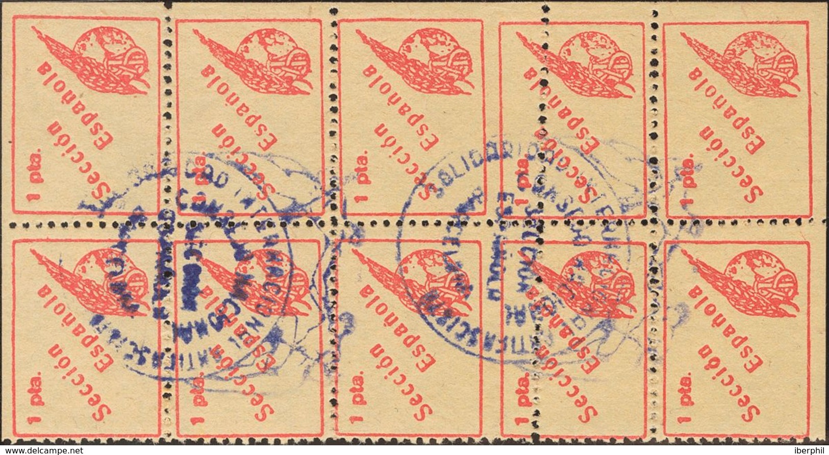 º. 1936. 1 Pts Rojo Sobre Amarillo, Bloque De Diez. SECCION ESPAÑOLA. MAGNIFICO Y RARO. (Guillamón 1612a, Doménech 122p) - Otros & Sin Clasificación