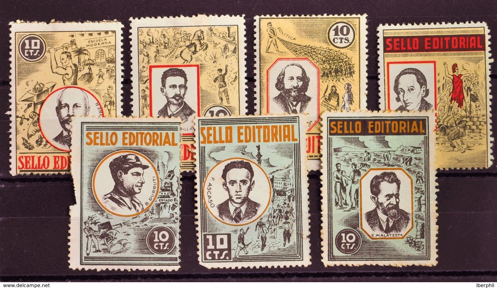 (*). 1937. Siete Viñetas De 10 Cts (conservación Habitual) En Diversos Colores. SELLO EDITORIAL. BONITAS Y RARAS. (Guill - Otros & Sin Clasificación