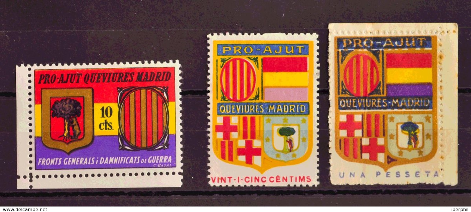 (*). 1937. 10 Cts Multicolor, 25 Cts Multicolor Y 1 Pts Multicolor. PRO AJUT QUEVIURES-MADRID. MAGNIFICOS. (Guillamón 23 - Other & Unclassified