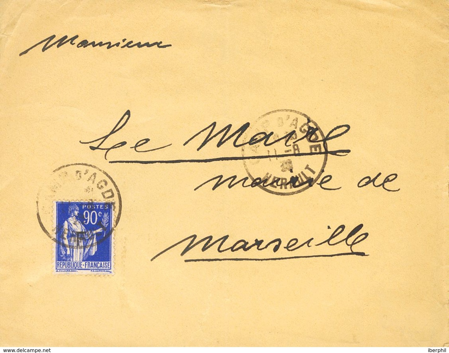 Sobre . 1939. 90 Cts Azul De Francia Con Sobrecarga "F". AGDE A MARSELLA. Matasello CAMP D'AGDE / HERAULT, Al Dorso Lleg - Other & Unclassified