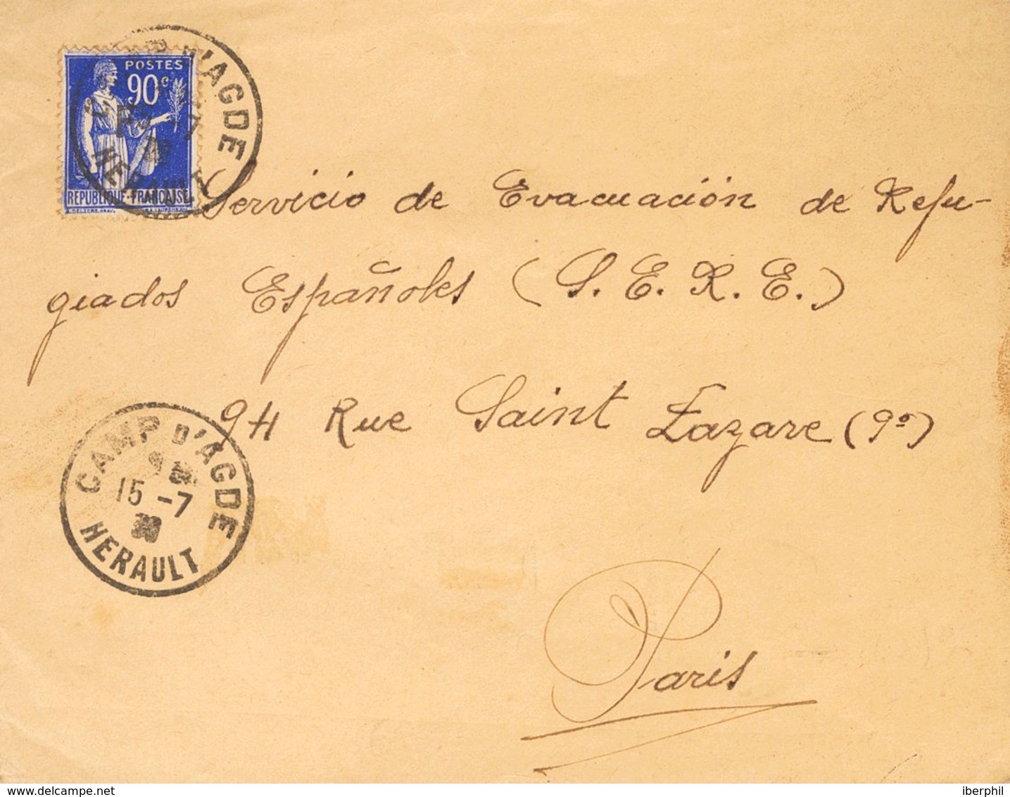 Sobre . 1939. 90 Cts Azul De Francia Con Sobrecarga "F". AGDE A PARIS, Fechada En Julio De 1939, Un Mes Antes De La Sali - Otros & Sin Clasificación