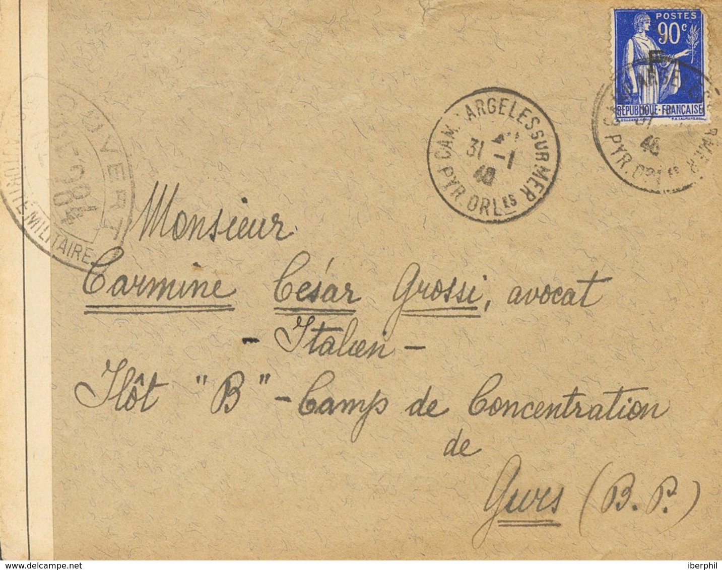 Sobre . 1940. 90 Cts Azul De Francia Con Sobrecarga "F". ARGELES SUR MER A GURS, Remitida Desde El Campo De Argeles Y Di - Otros & Sin Clasificación