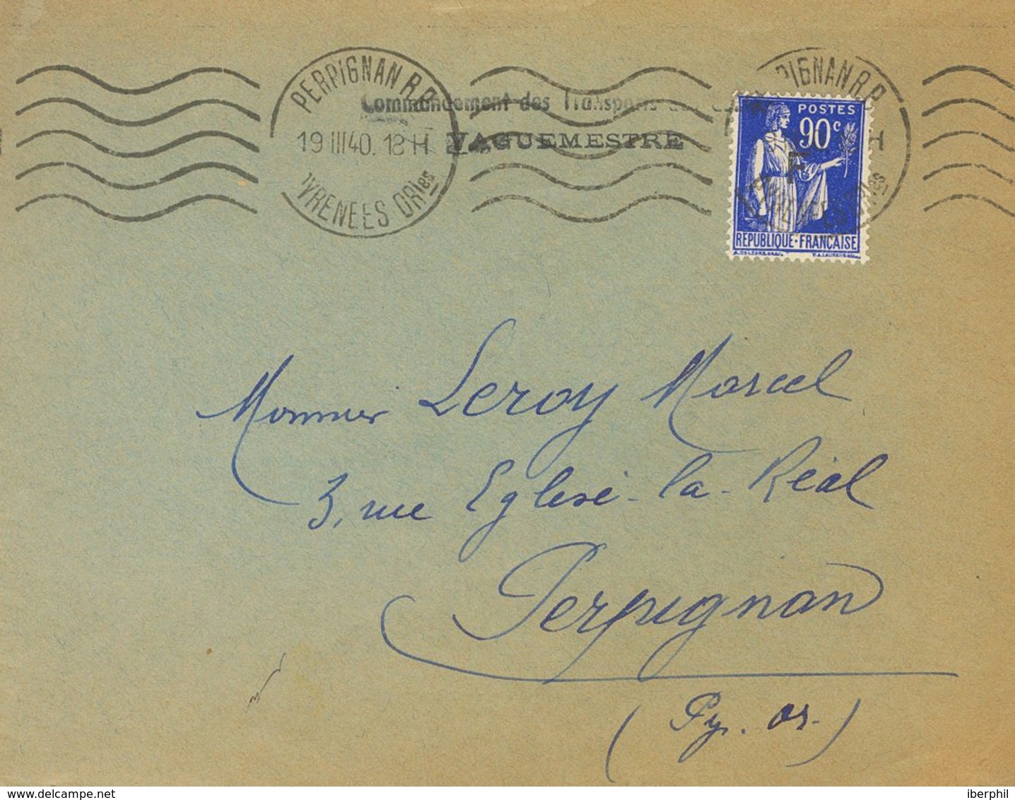 Sobre . 1940. 90 Cts Azul De Francia Con Sobrecarga "F". Correo Interior De PERPIGNAN, Muy Probablemente Remitida Por Un - Otros & Sin Clasificación