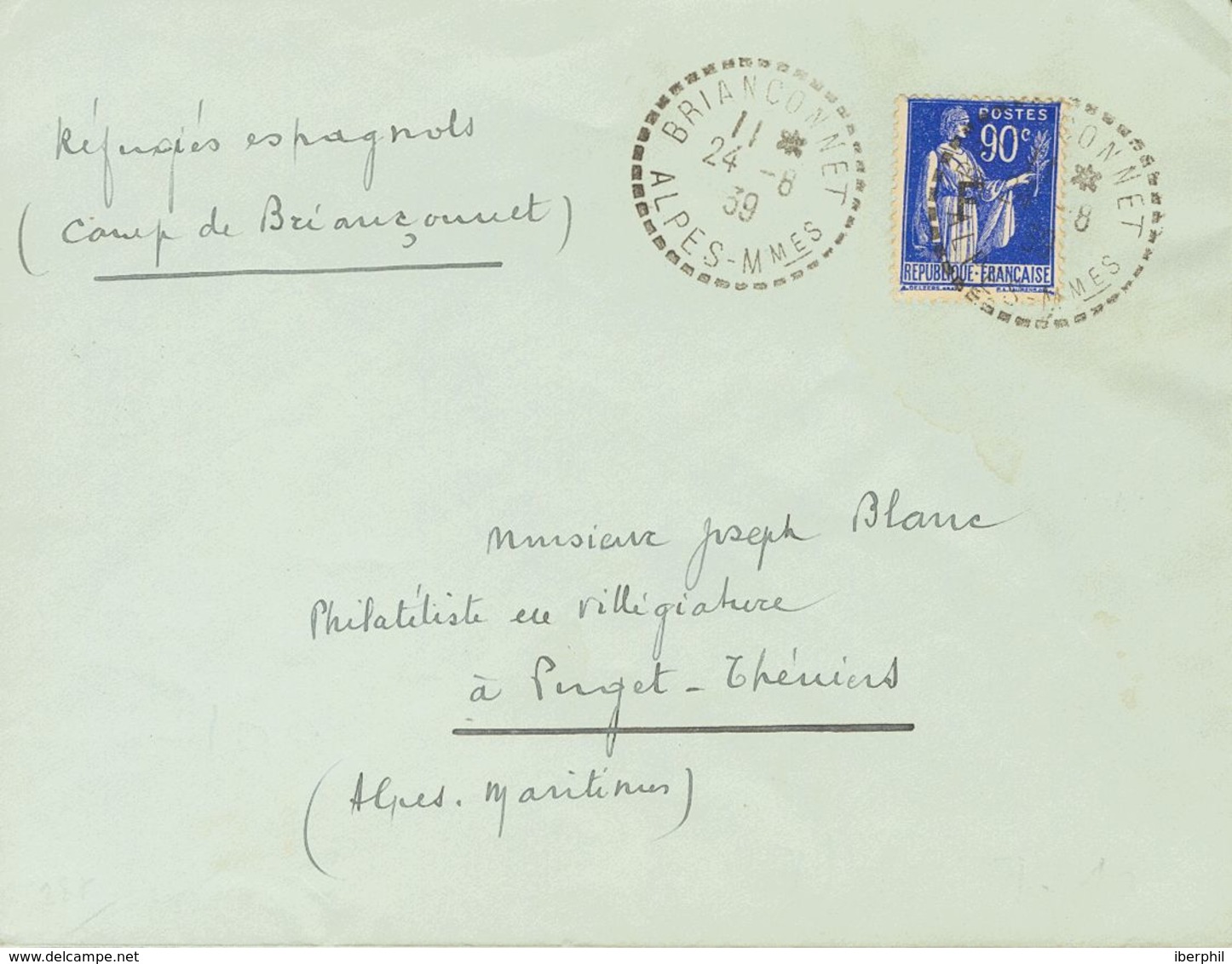 Sobre . 1939. Sello De Francia De 90 Cts Azul Con Sobrecarga "F". BRIANCONNET A PUGET THENIERS. El Campo De Brianconnet, - Otros & Sin Clasificación