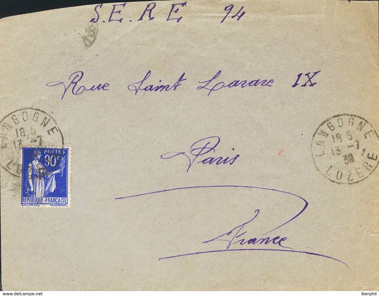 Sobre . 1939. 90 Cts Azul De Francia Con Sobrecarga "F". LANGOGNE A PARIS, Remitida Por Un Refugiado Español. En Lozere  - Other & Unclassified