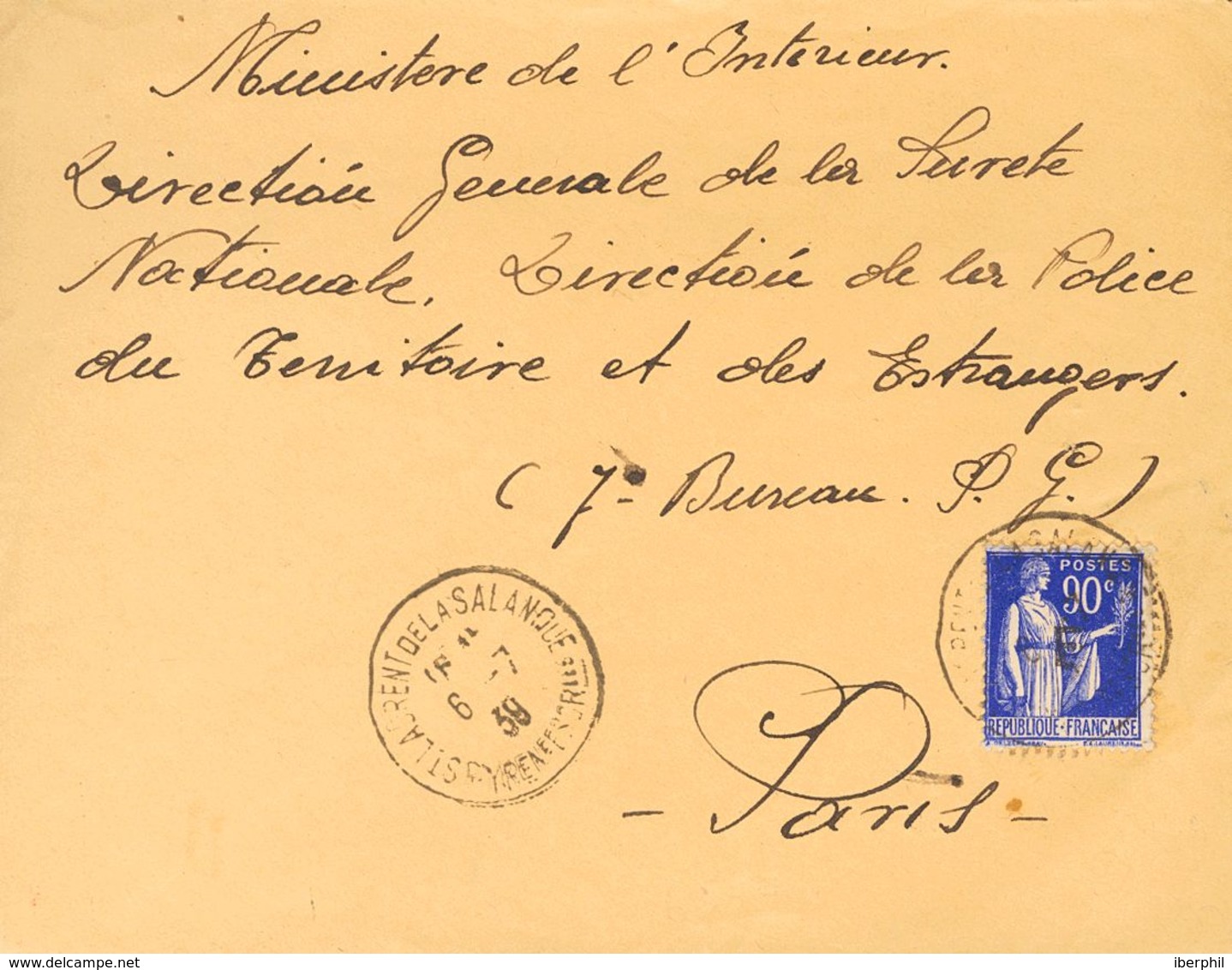 Sobre . 1939. 90 Cts Azul De Francia Con Sobrecarga "F". SAINT LAURENT DE LA SALANQUE A PARIS, Remitida Por Un Refugiado - Other & Unclassified