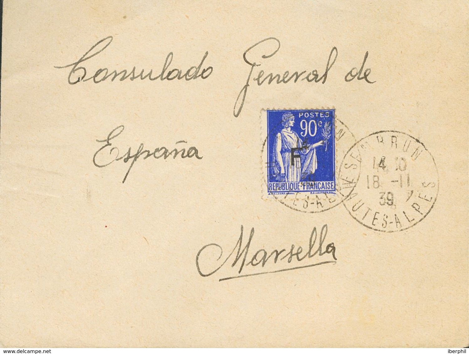 Sobre . 1939. 90 Cts Azul De Francia Con Sobrecarga "F". LE PONT NEUF (EMBRUN) A MARSELLA, Remitida Por Un Español Integ - Other & Unclassified