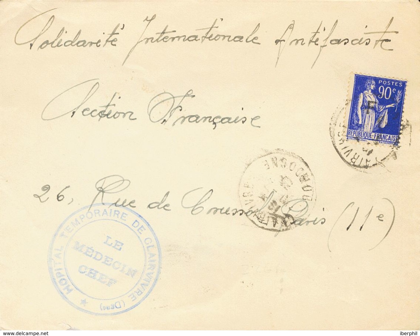 Sobre . 1939. 90 Cts Azul De Francia Con Sobrecarga "F". CLAIRVIERE A PARIS, Remitida Por Un Refugiado Español En La Ciu - Otros & Sin Clasificación
