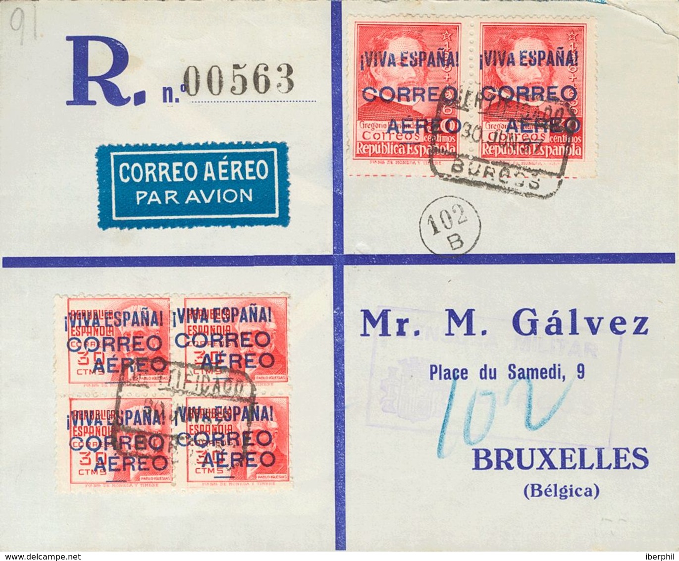 Sobre 74(4), 76(2). 1937. 30 Cts Rosa, Bloque De Cuatro Y 30 Cts Carmín, Pareja. Certificado De BURGOS A BRUSELAS (BELGI - Otros & Sin Clasificación