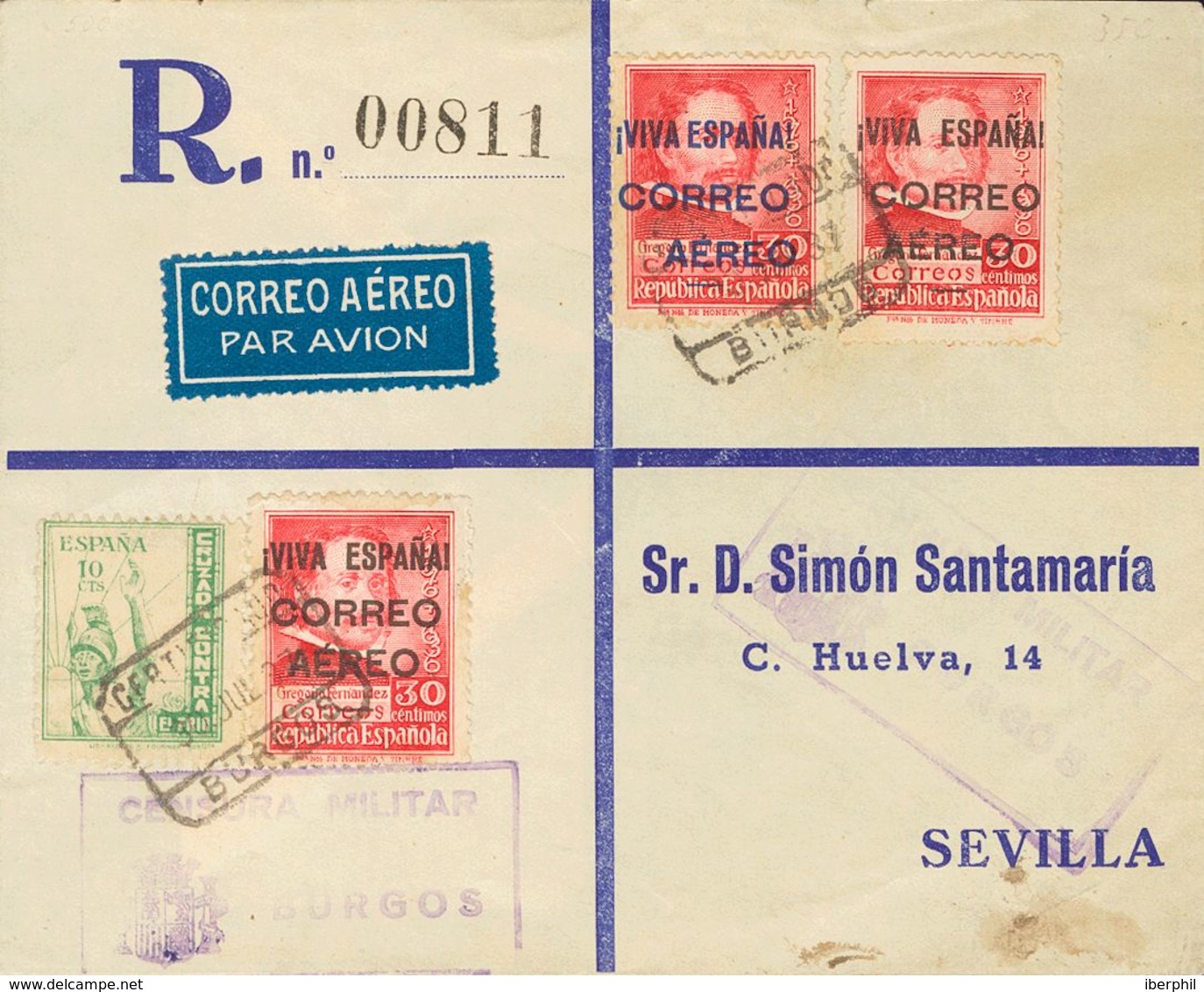 Sobre 76, 77(2). 1937. 30 Cts Carmín (sobrecarga Azul), 30 Cts Carmín, Dos Sellos (sobrecarga Negra) Y 10 Cts Verde De C - Otros & Sin Clasificación