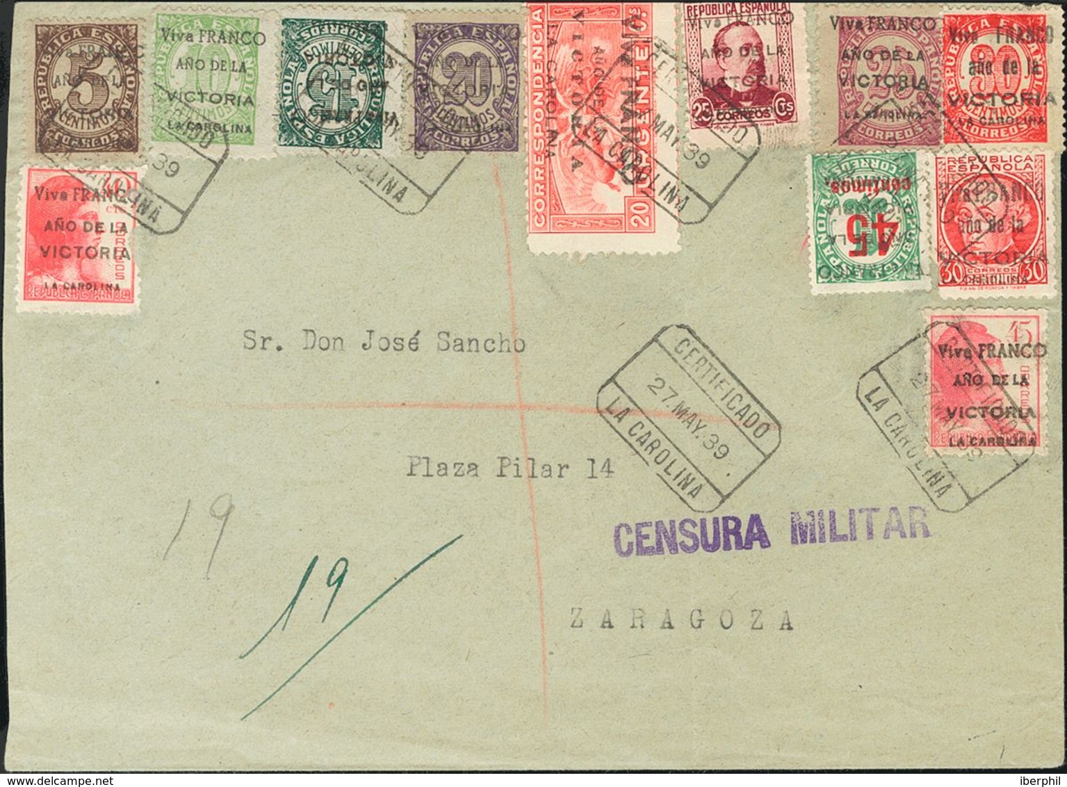 Sobre 1/12. 1939. Serie Completa. Certificado De LA CAROLINA (JAEN) A ZARAGOZA. MAGNIFICA Y RARA. - Other & Unclassified