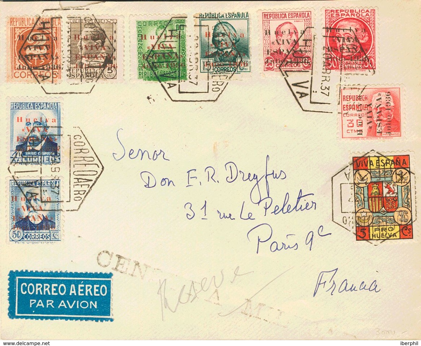 Sobre 3/6, 8/12. 1937. Diversos Valores Y Benéfico Pro Huelva De 5 Cts. HUELVA A PARIS (FRANCIA). Al Dorso Llegada. MAGN - Other & Unclassified