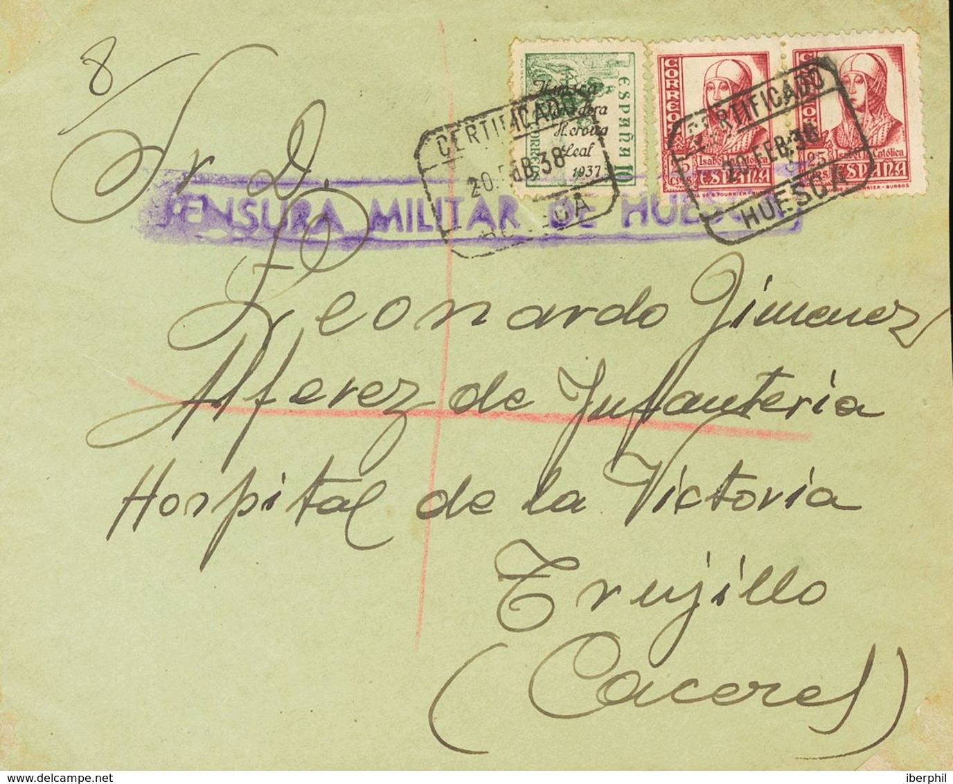 Sobre 4. 1938. 10 Cts Verde Y 25 Cts Carmín, Dos Sellos. Certificado De HUESCA A TRUJILLO (CACERES). MAGNIFICA. - Other & Unclassified