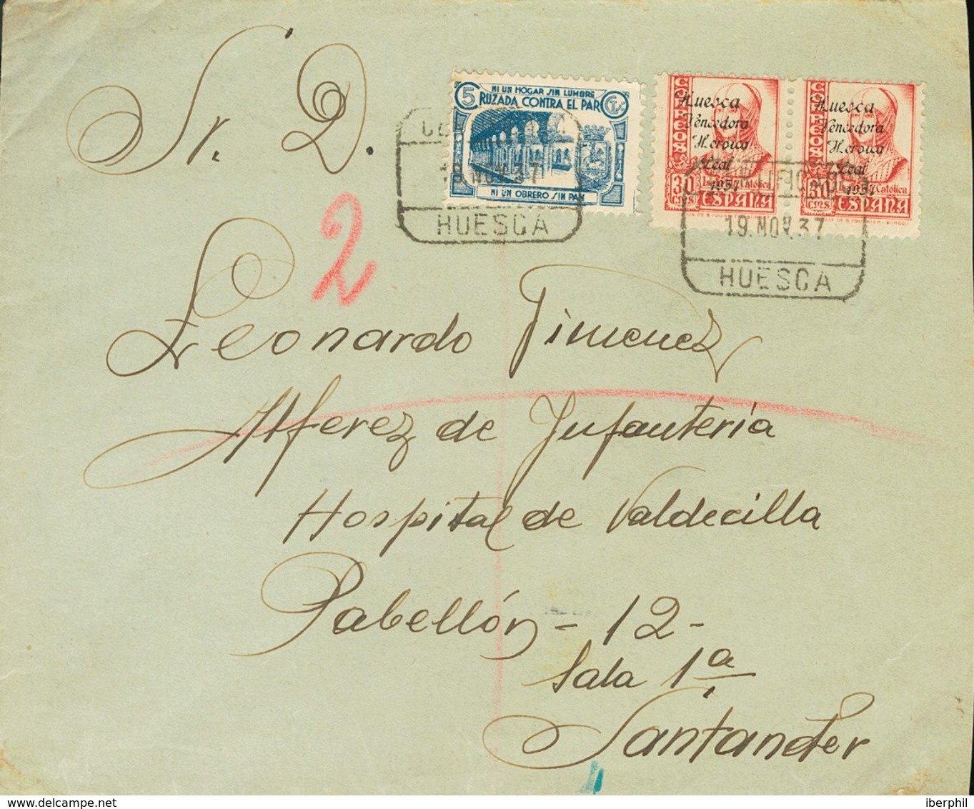 Sobre 9(2). 1937. 30 Cts Rosa, Pareja Y Benéfico De 5 Cts Azul. Certificado De HUESCA A SANTANDER. Al Dorso Llegada. MAG - Otros & Sin Clasificación