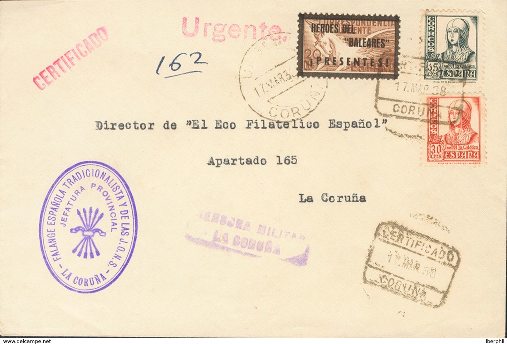 Sobre 21. 1938. 20 Cts Castaño, 15 Cts Pizarra Y 30 Cts Rosa. Certificado Interior De LA CORUÑA. MAGNIFICA. - Sonstige & Ohne Zuordnung