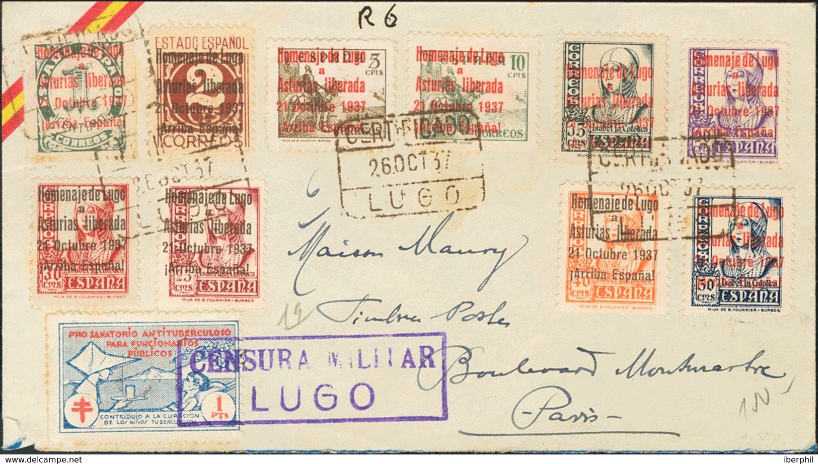 Sobre 1/10. 1937. Serie Completa. Certificado De LUGO A PARIS (FRANCIA). BONITA. - Other & Unclassified