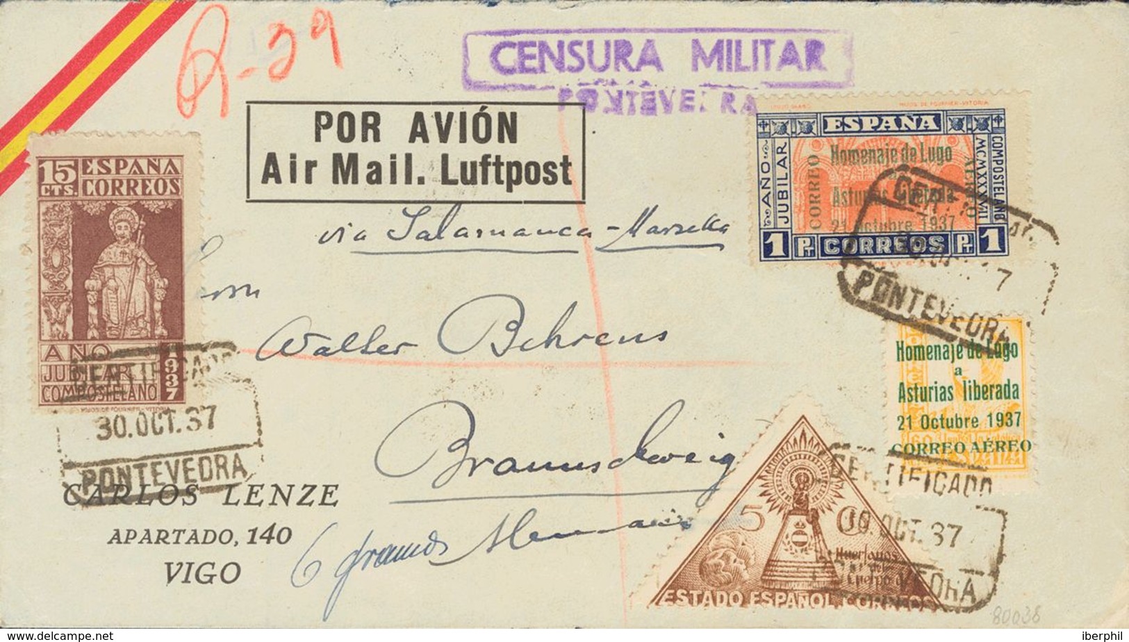 Sobre 11/12. 1937. Serie Completa, 15 Cts Castaño Y 5 Cts De Beneficencia. Certificado De PONTEVEDRA A BRUNSWICK (ALEMAN - Other & Unclassified